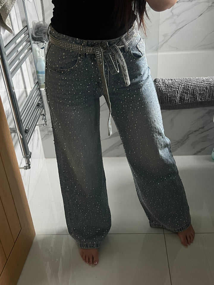 Jewelled Wide Leg Jeans With Rhinestone Belt