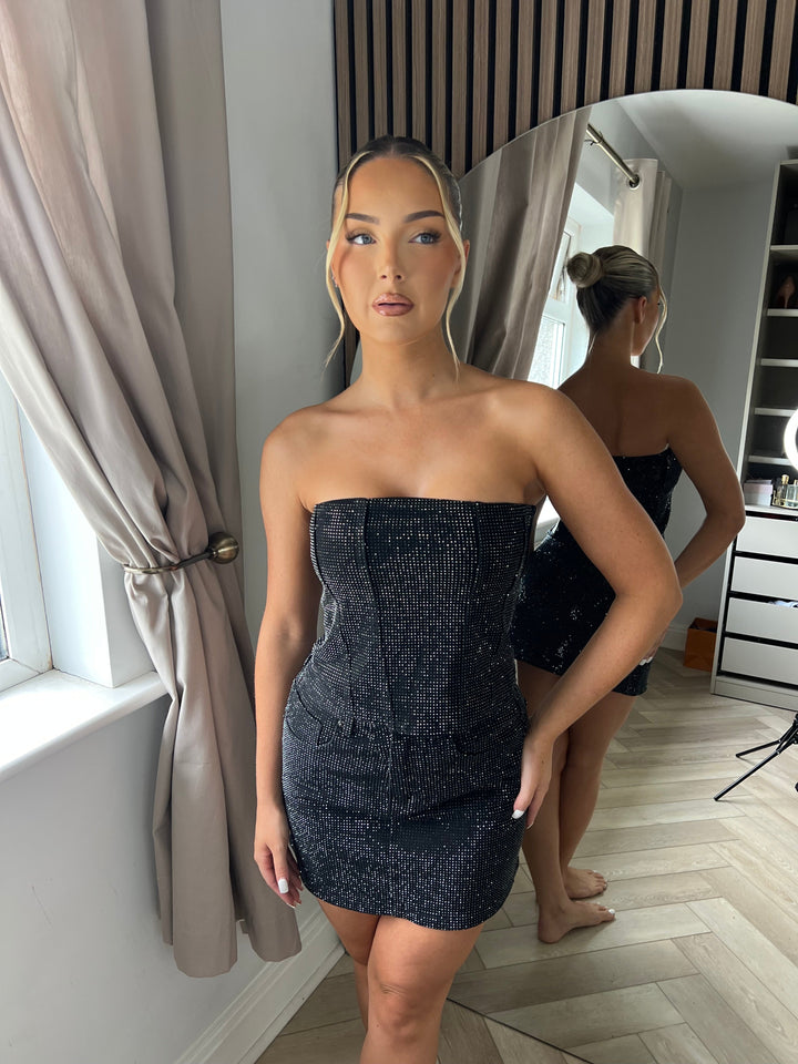 Black Rhinestone Strapless Dress—Sparkling Corset-Style Fitted Party Dress