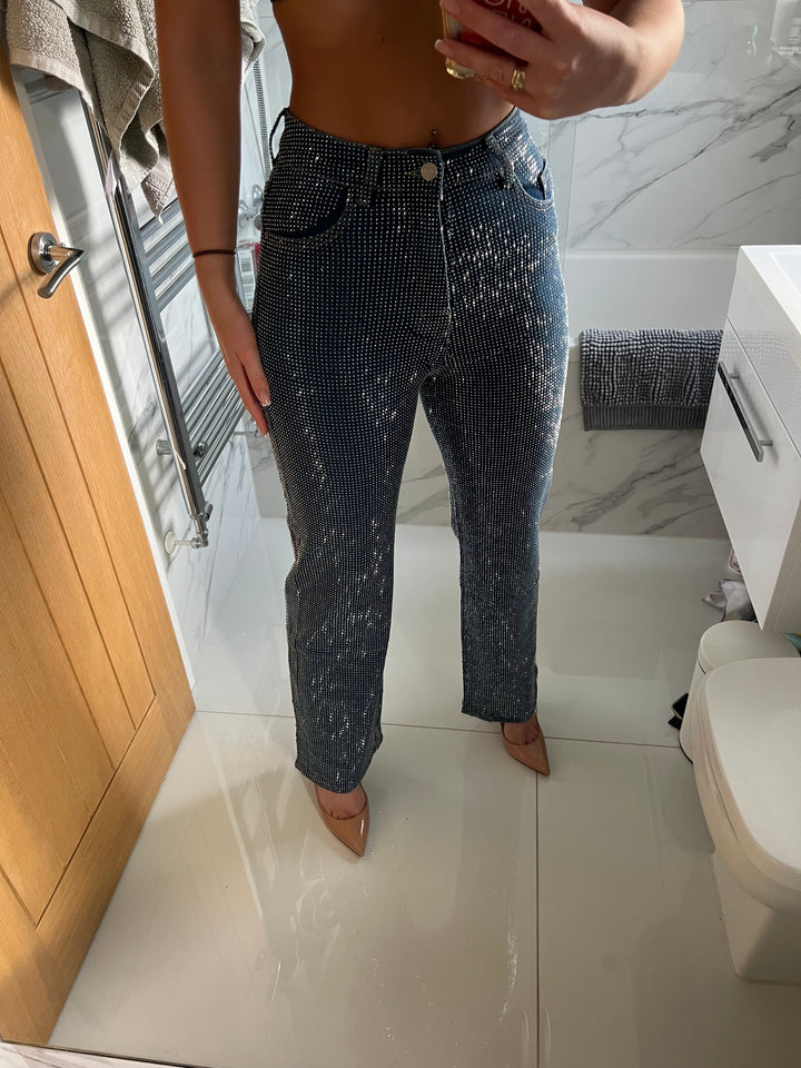 Stretchy Regular Length Dark Blue Wide Leg Diamanté Jeans