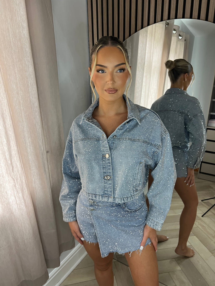 Blue Rhinestone Denim Shirt Dress — Long-Sleeve Button-Down Mini Dress
