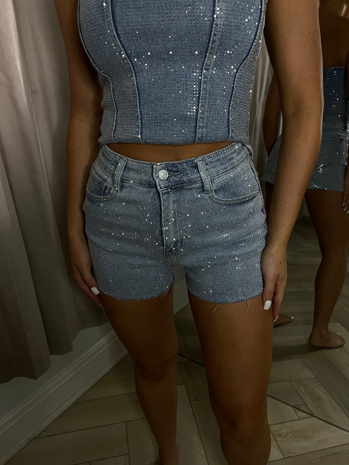 Light Blue Stretchy Diamanté Denim Shorts