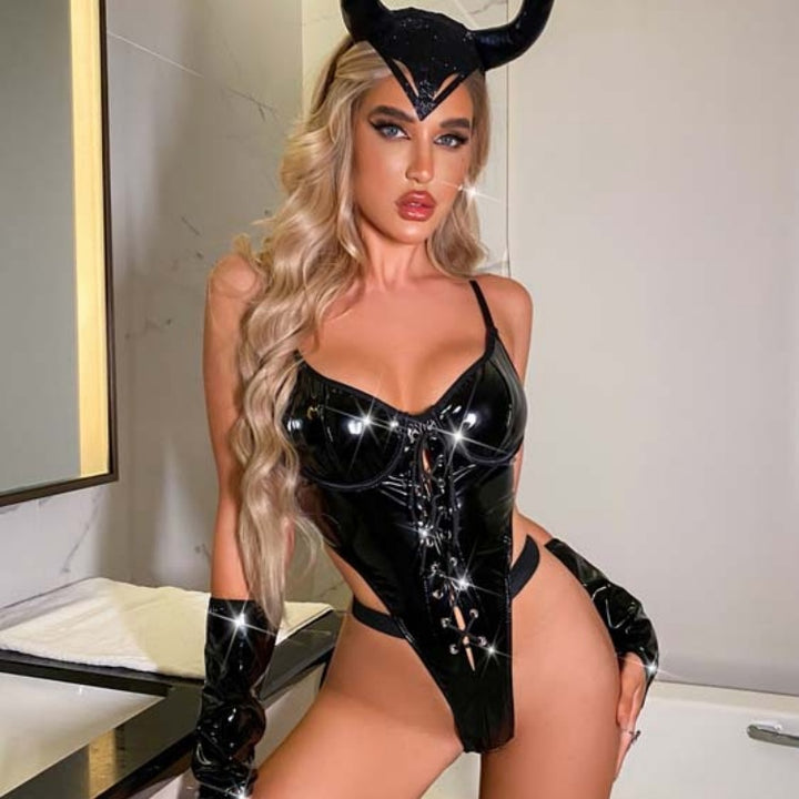 Black Vinyl Corset Lingerie Set