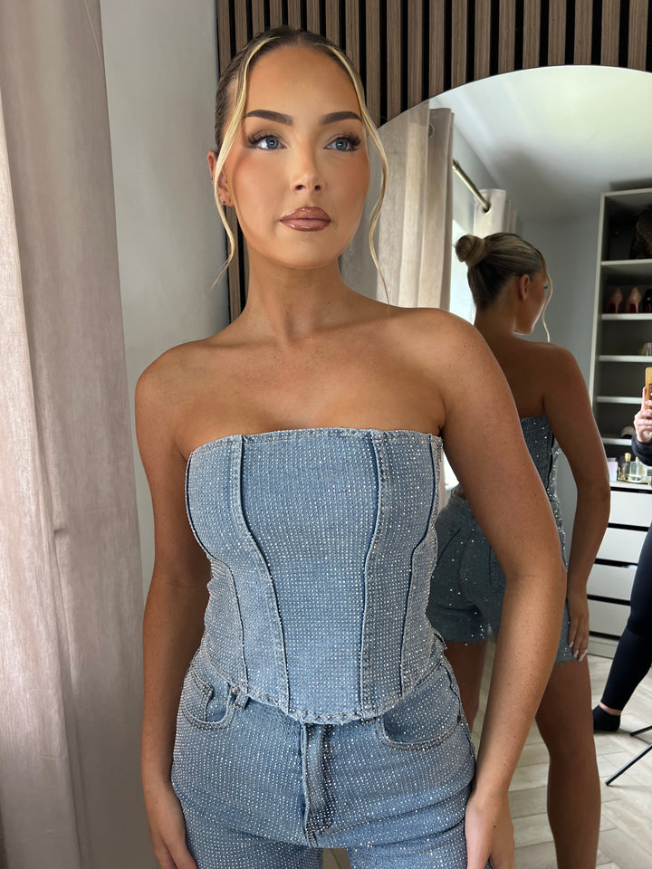 Rhinestone Denim Corset Top – Strapless Structured   Jean Bustier