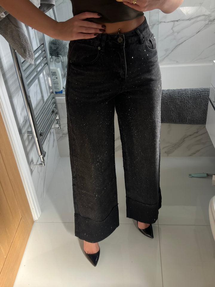 Dark Grey Folded Hem Diamanté Jeans
