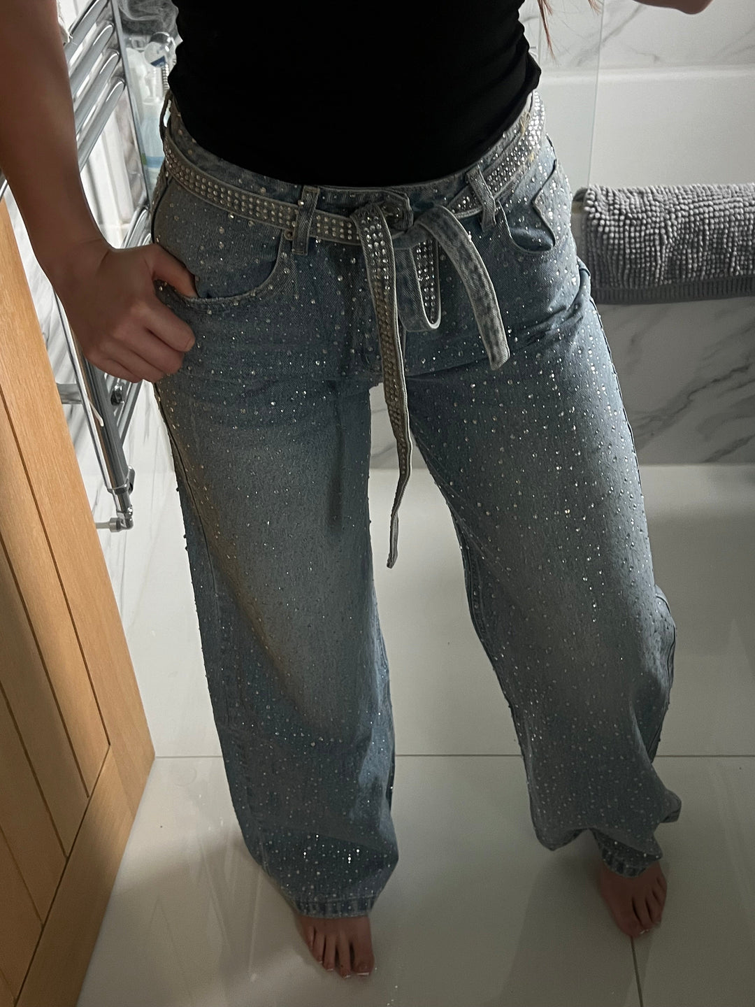 Jewelled Wide Leg Jeans With Rhinestone Belt
