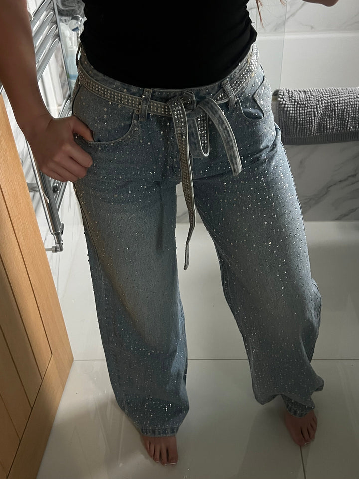 Jewelled Wide Leg Jeans With Rhinestone Belt