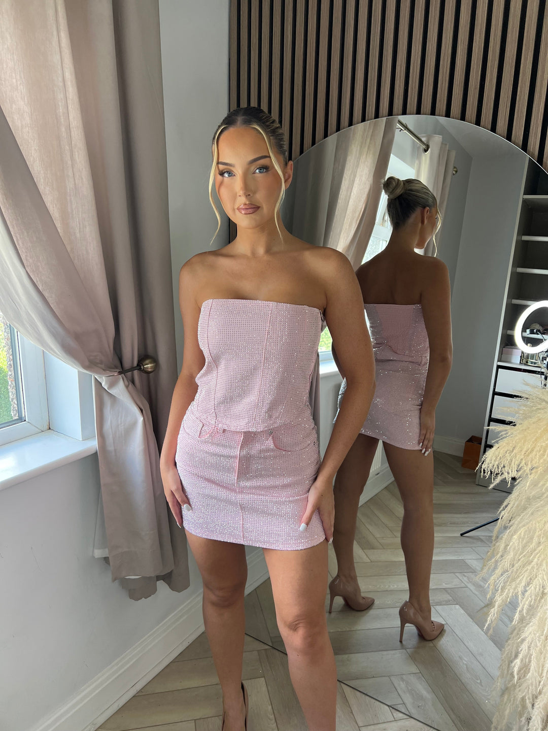 Pink Rhinestone Strapless Corset Top &amp; Mini Skirt Set – Sparkling Party Co-Ord