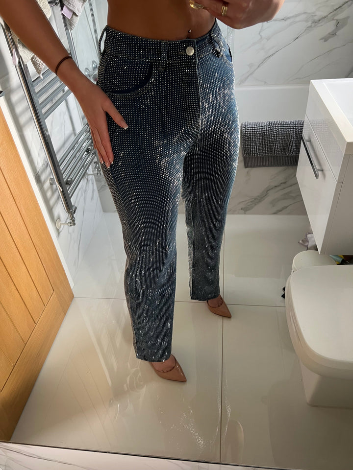 Stretchy Regular Length Dark Blue Wide Leg Diamanté Jeans