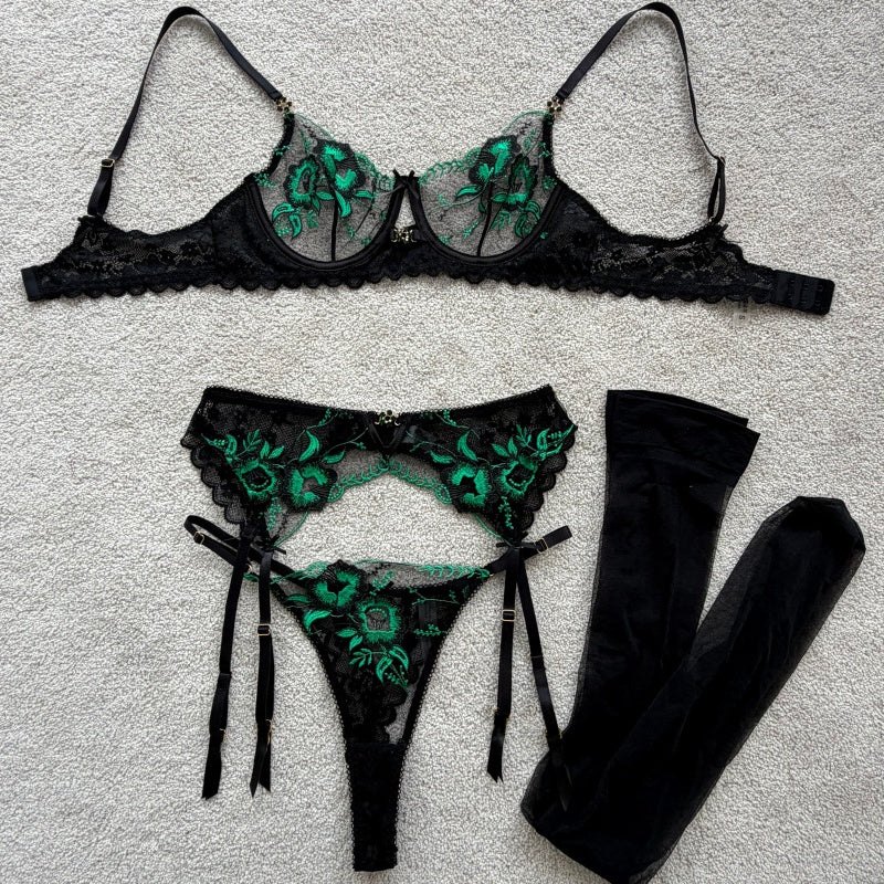 Seductive Floral Embroidered Garter Lingerie
