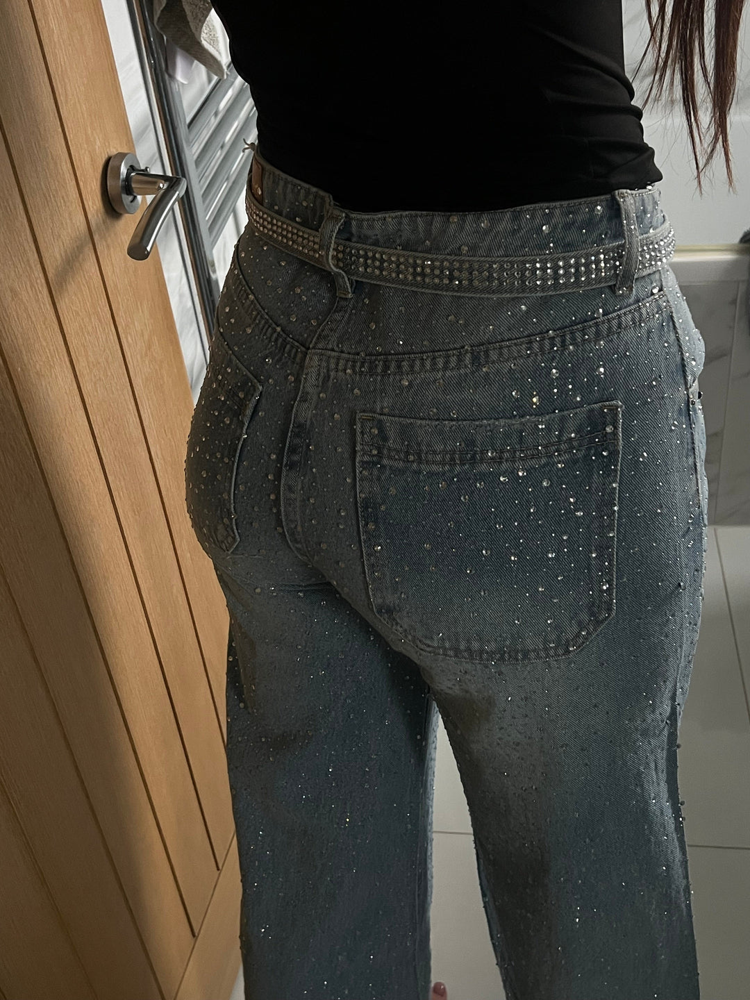 Jewelled Wide Leg Jeans With Rhinestone Belt