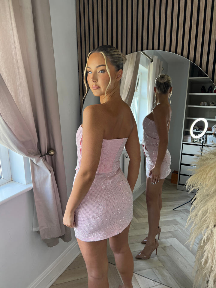 Pink Rhinestone Strapless Corset Top &amp; Mini Skirt Set – Sparkling Party Co-Ord