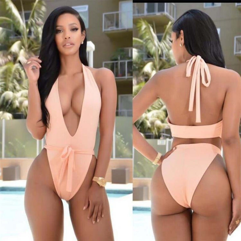 Plunge Halter Cutout Bodysuit