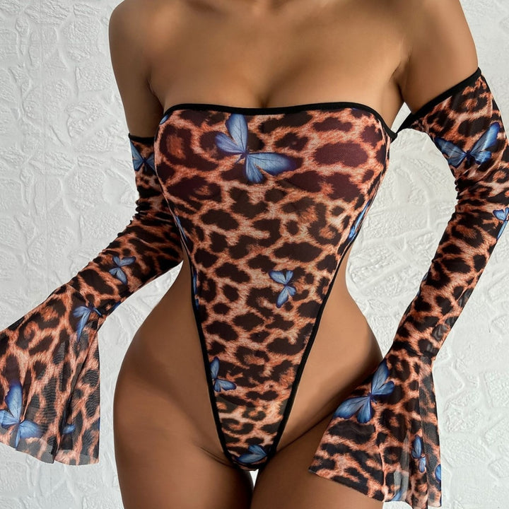 Leopard Print Off Shoulder One Piece Swimsuit