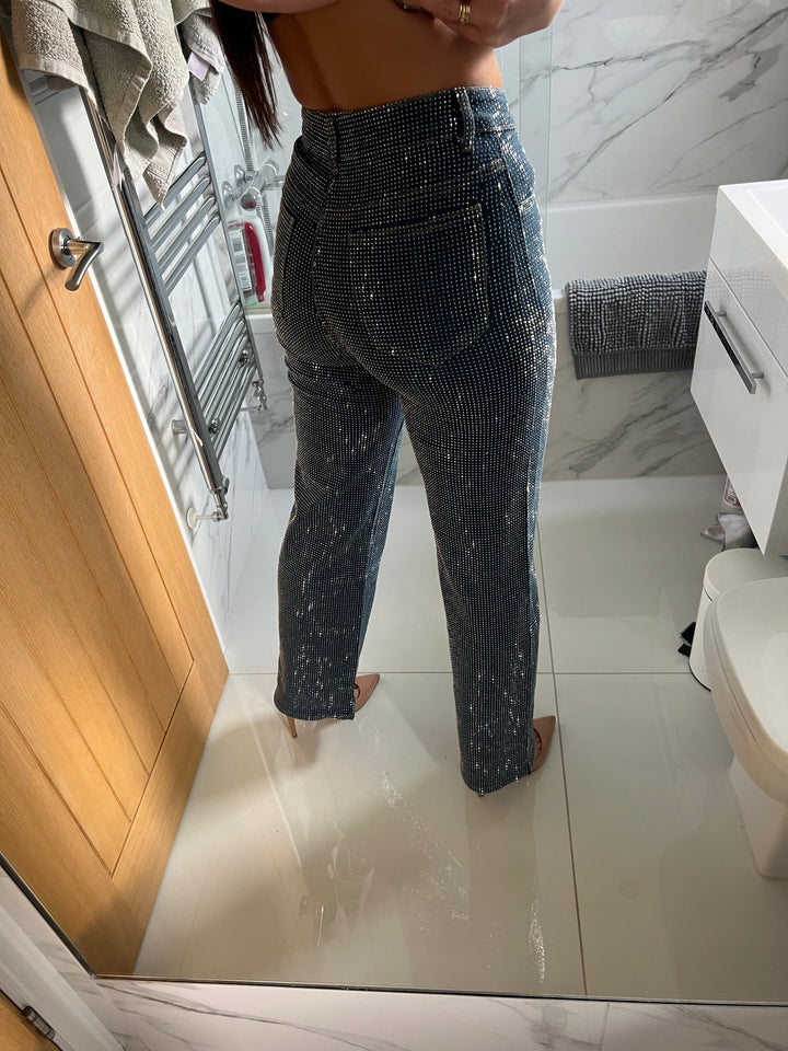 Stretchy Regular Length Dark Blue Wide Leg Diamanté Jeans