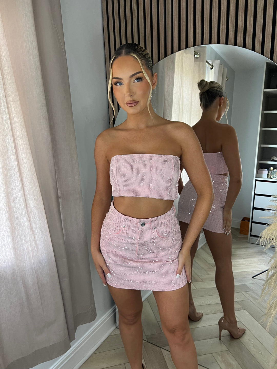 Pink Rhinestone Strapless Corset Top &amp; Mini Skirt Set – Sparkling Party Co-Ord
