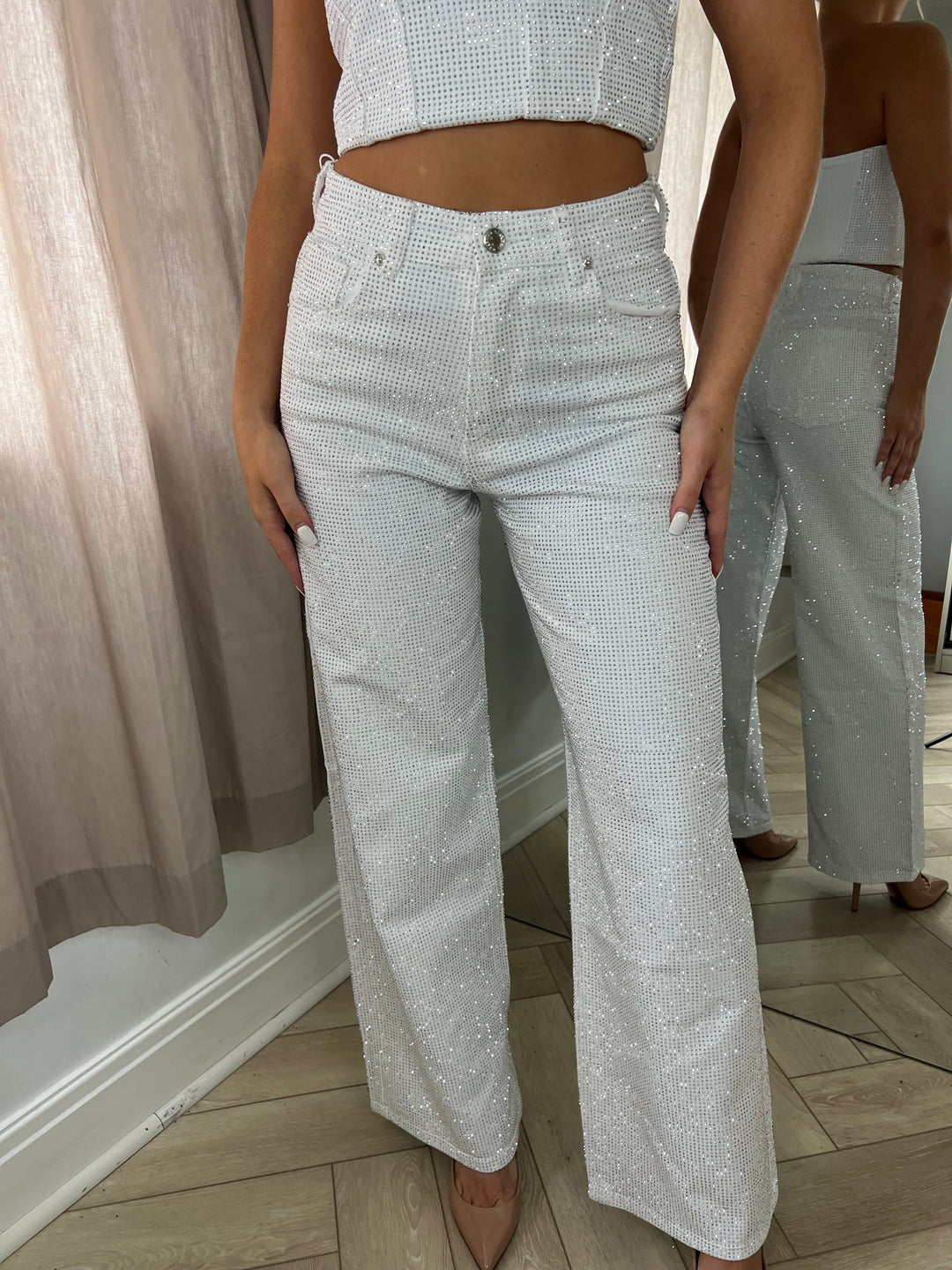 Diamanté Mid Rise Wide Leg Jeans