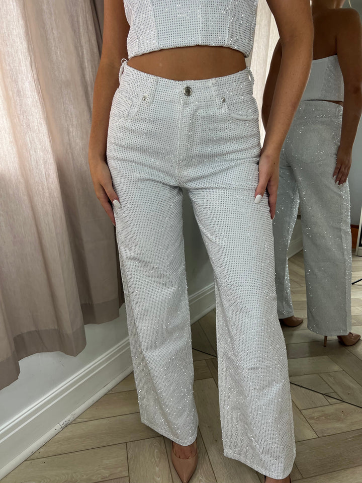 Diamanté Mid Rise Wide Leg Jeans