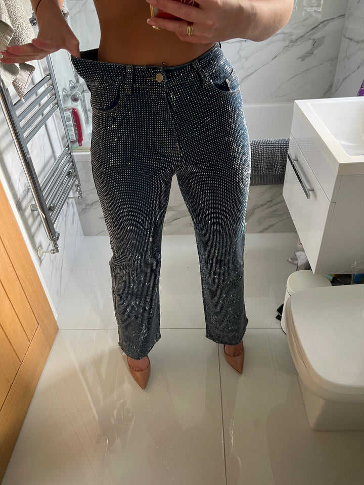 Stretchy Regular Length Dark Blue Wide Leg Diamanté Jeans