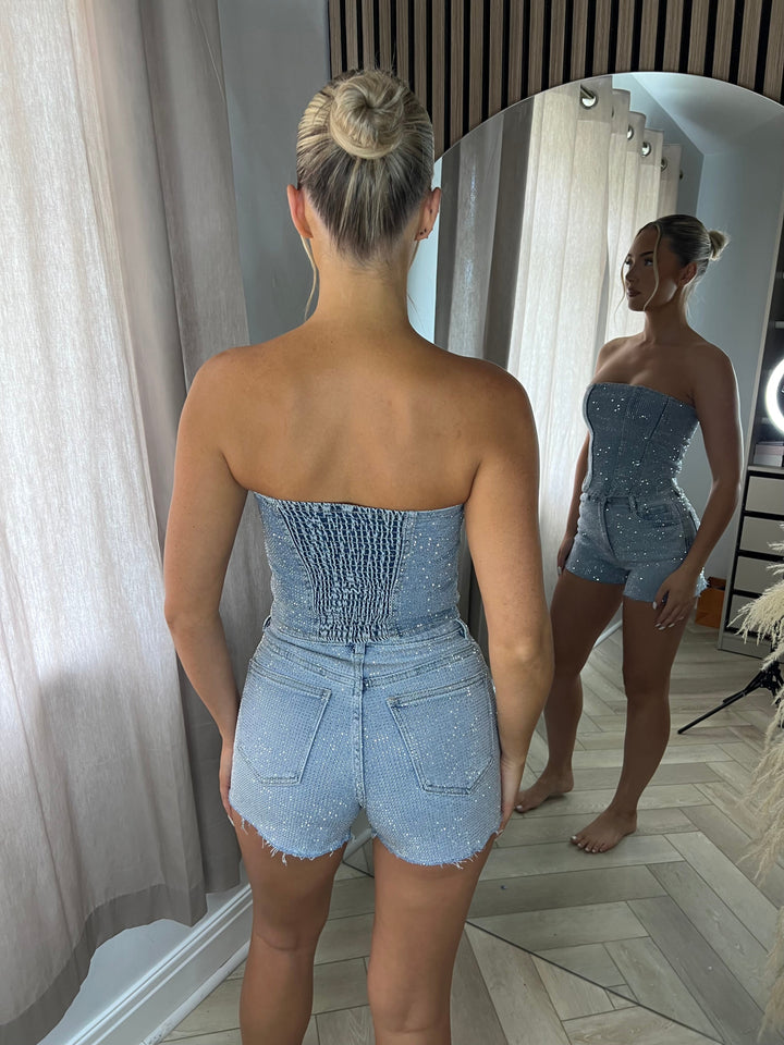 Light Blue Stretchy Diamanté Denim Shorts