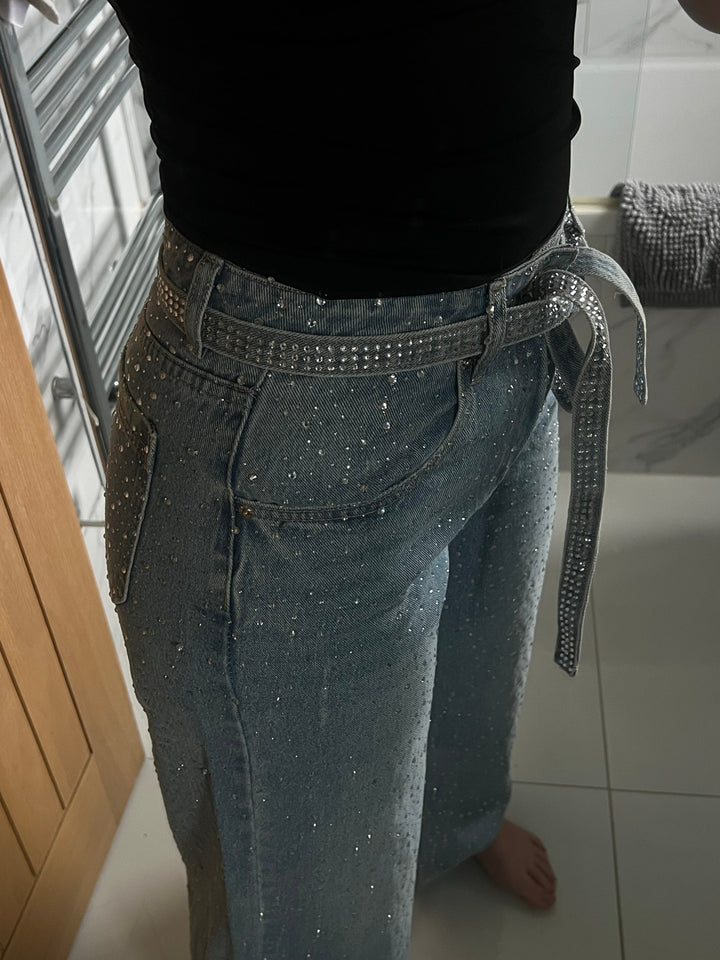 Jewelled Wide Leg Jeans With Rhinestone Belt