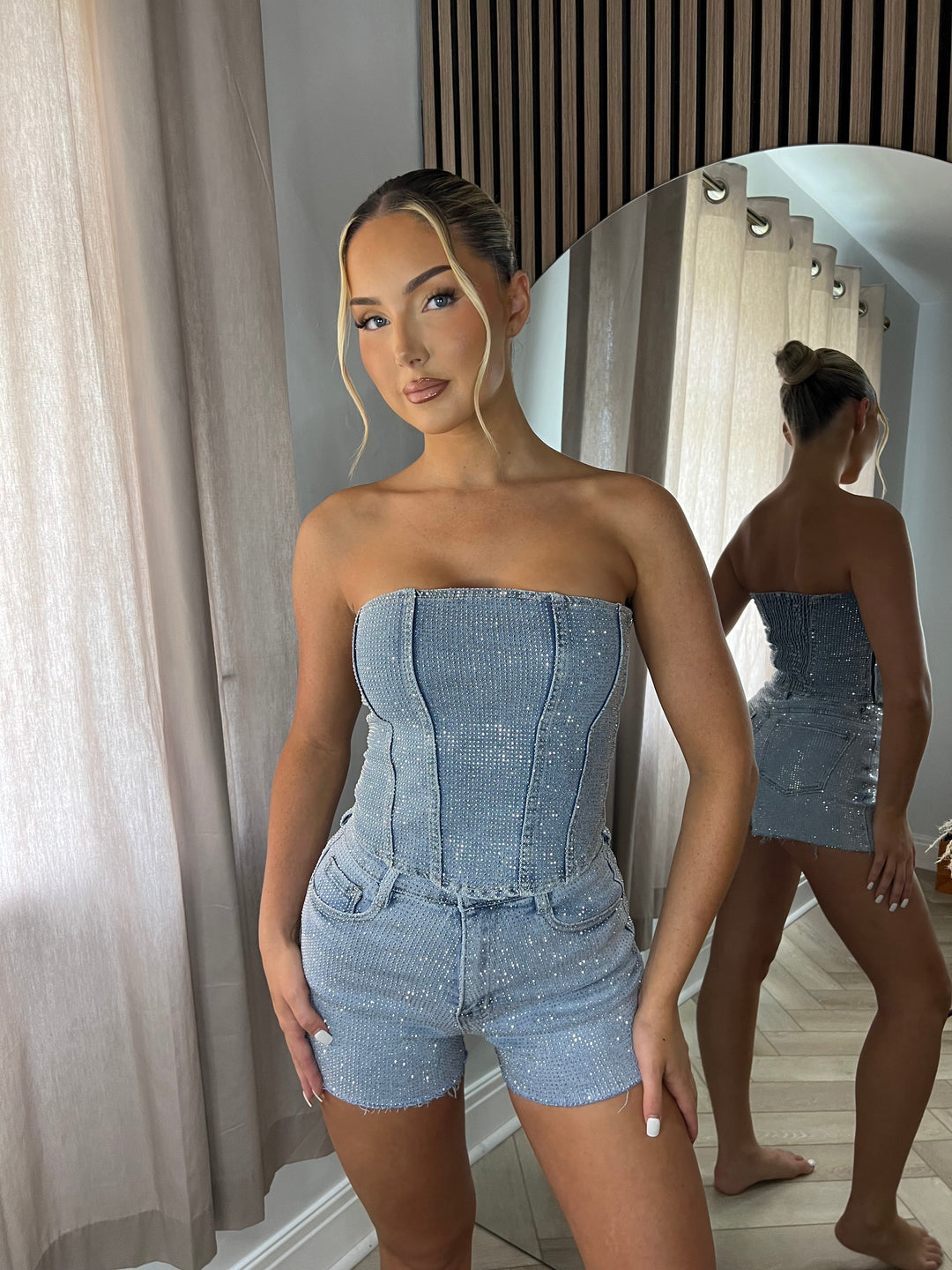 Light Blue Stretchy Diamanté Denim Shorts