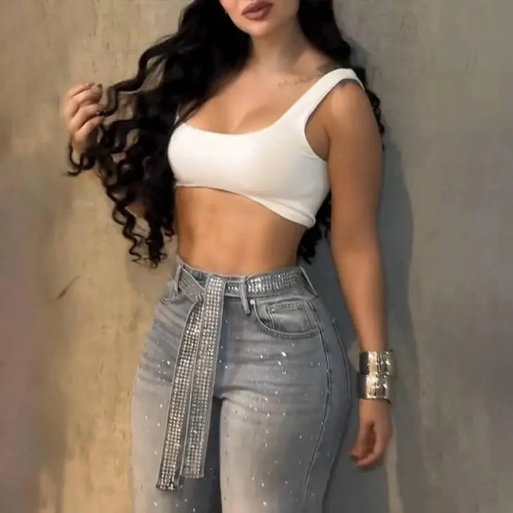 Women’s Rhinestone Wide-Leg Jeans (with a sparkly belt)