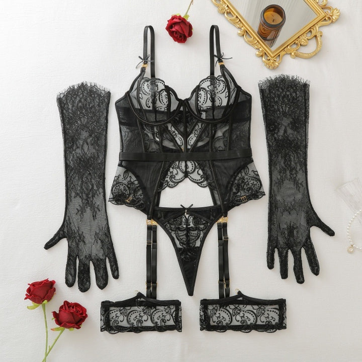 Lace Corset Garter Lingerie with Gloves