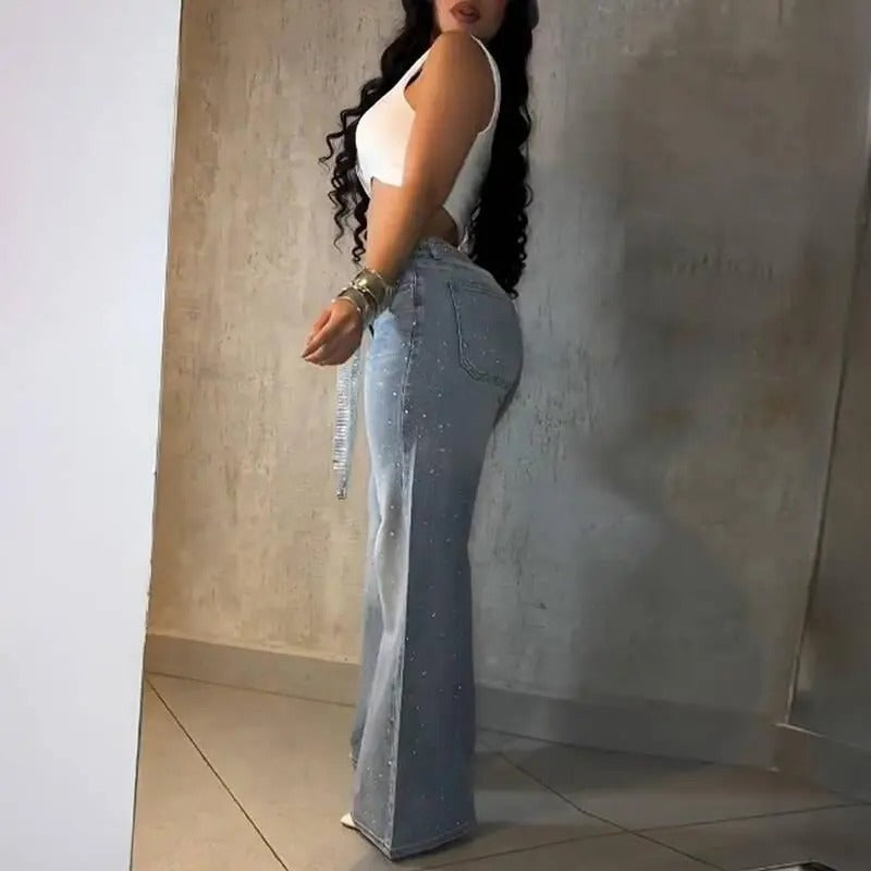 Women’s Rhinestone Wide-Leg Jeans (with a sparkly belt)