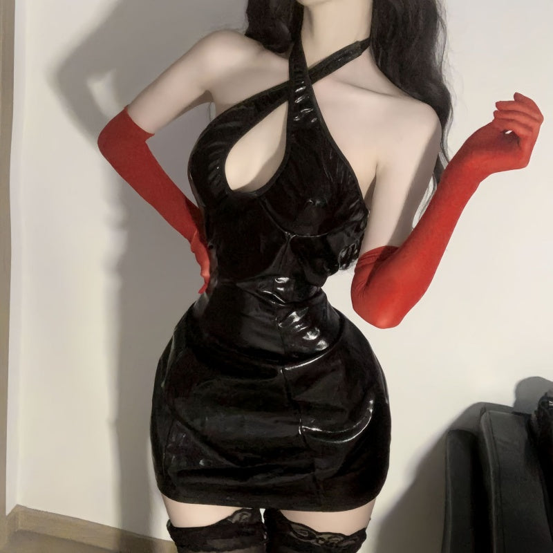 Shiny Keyhole Halter Mini Dress