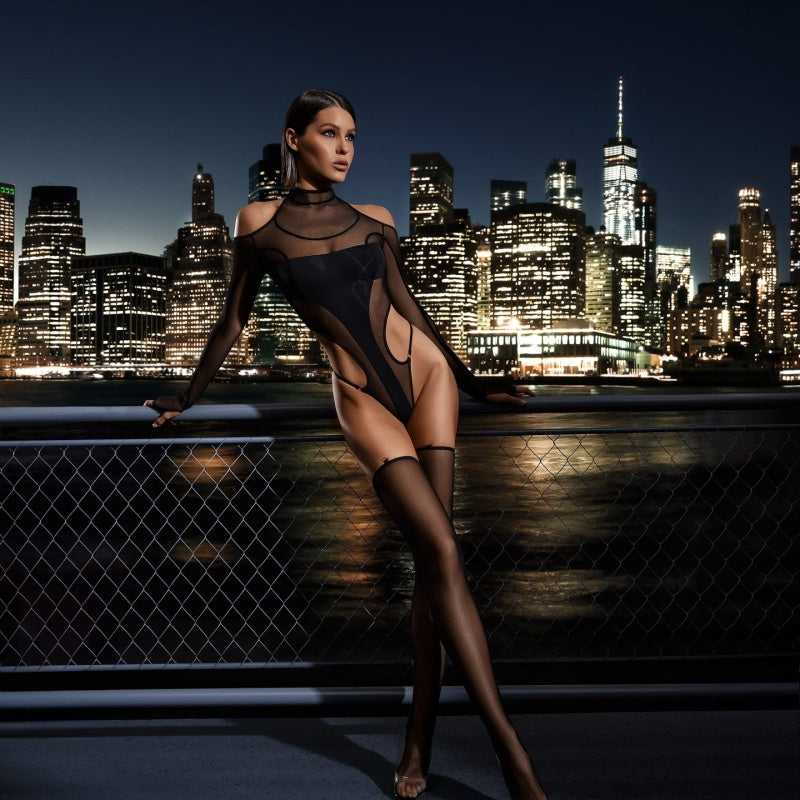 High Neck Off-Shoulder Sheer Bodysuit