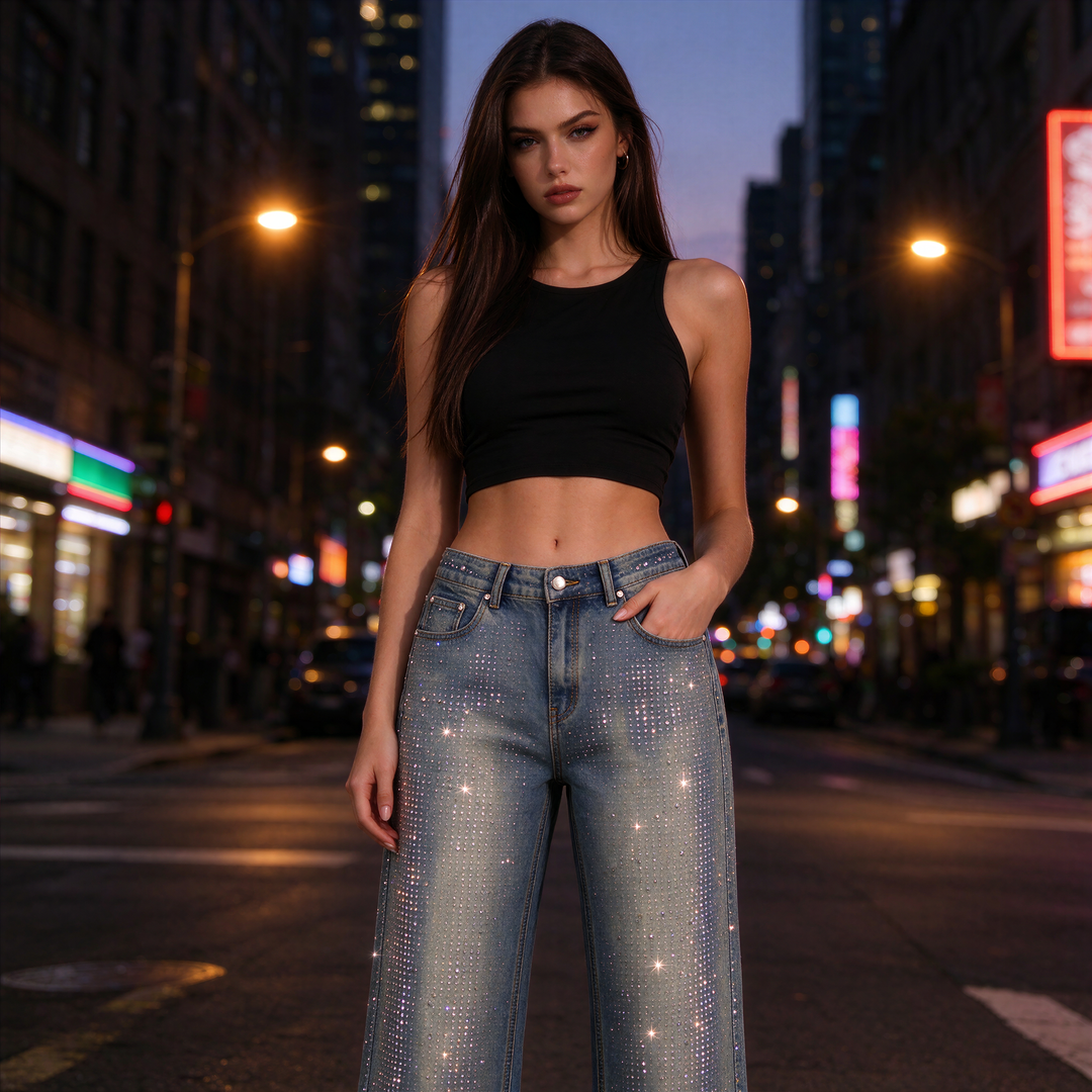 Diamanté Blue Wide Leg Sparkle Covered Jeans