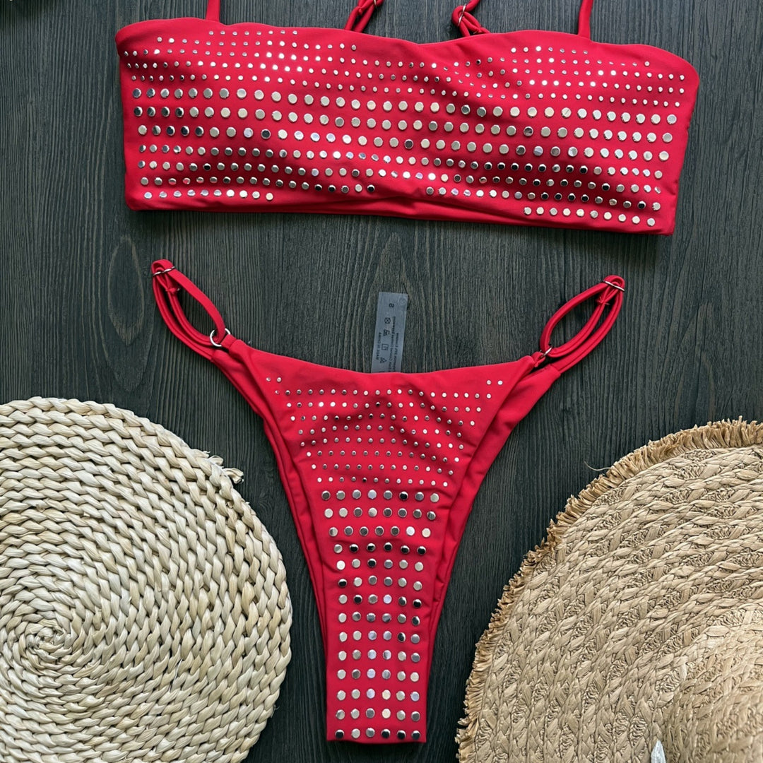Sparkly Rhinestone Studded Bandeau Bikini Set