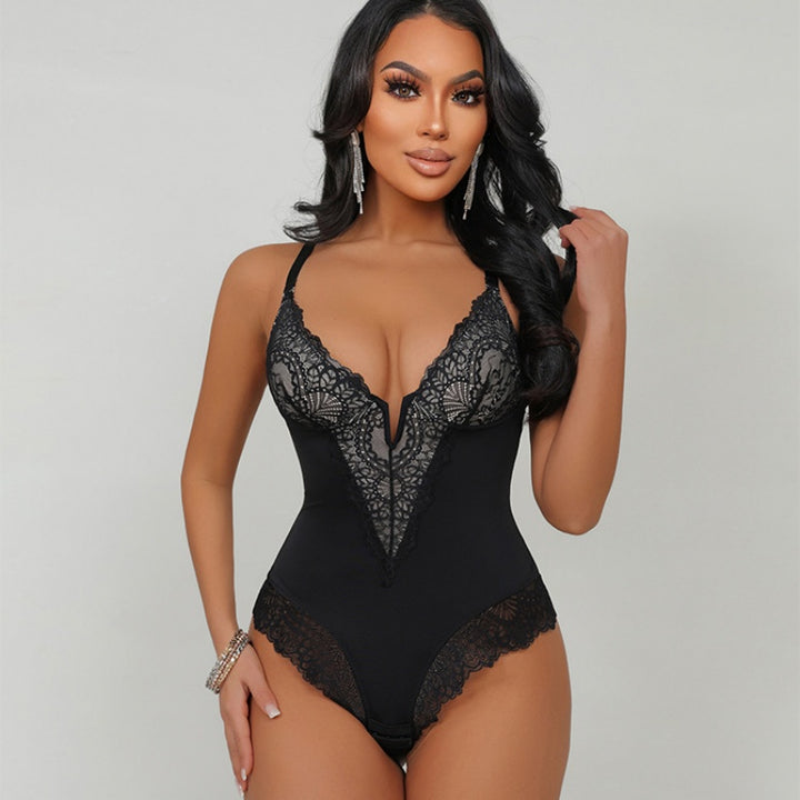 Deep V Lace Trim Bodysuit
