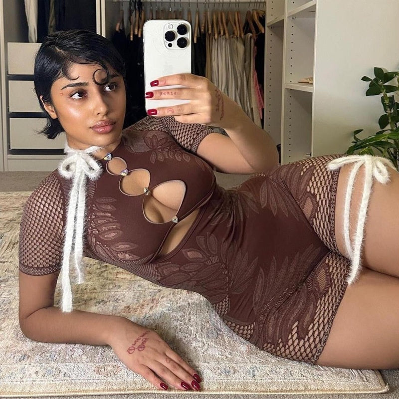 Cutout Fishnet Sleeve Romper