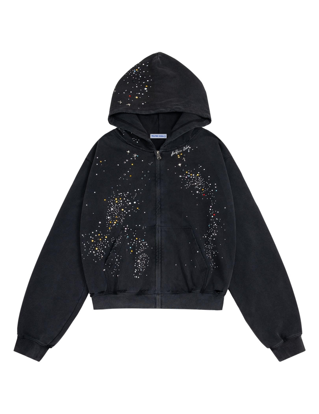 Unisex vintage-washed full-zip rhinestone hoodie