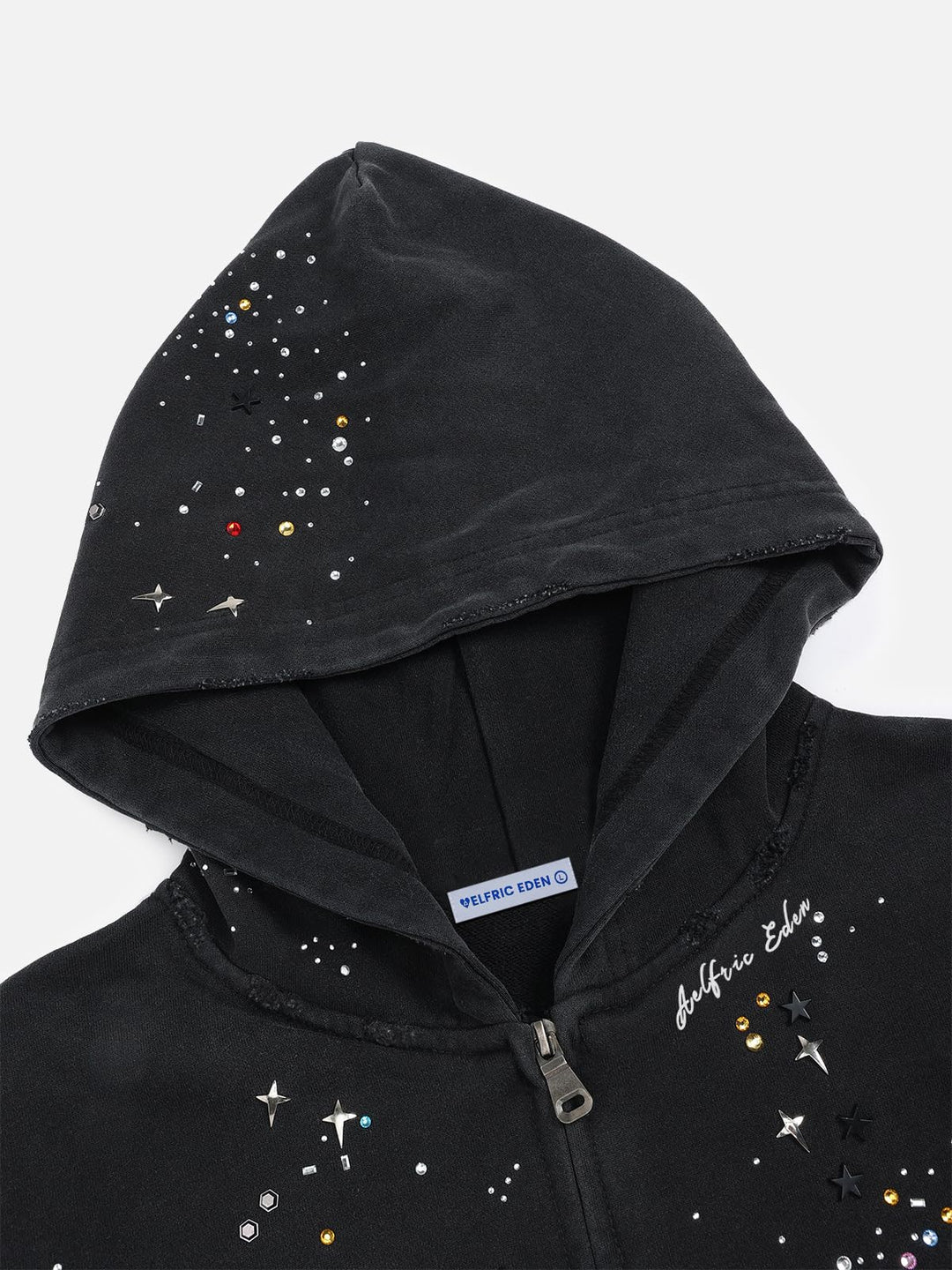 Unisex vintage-washed full-zip rhinestone hoodie
