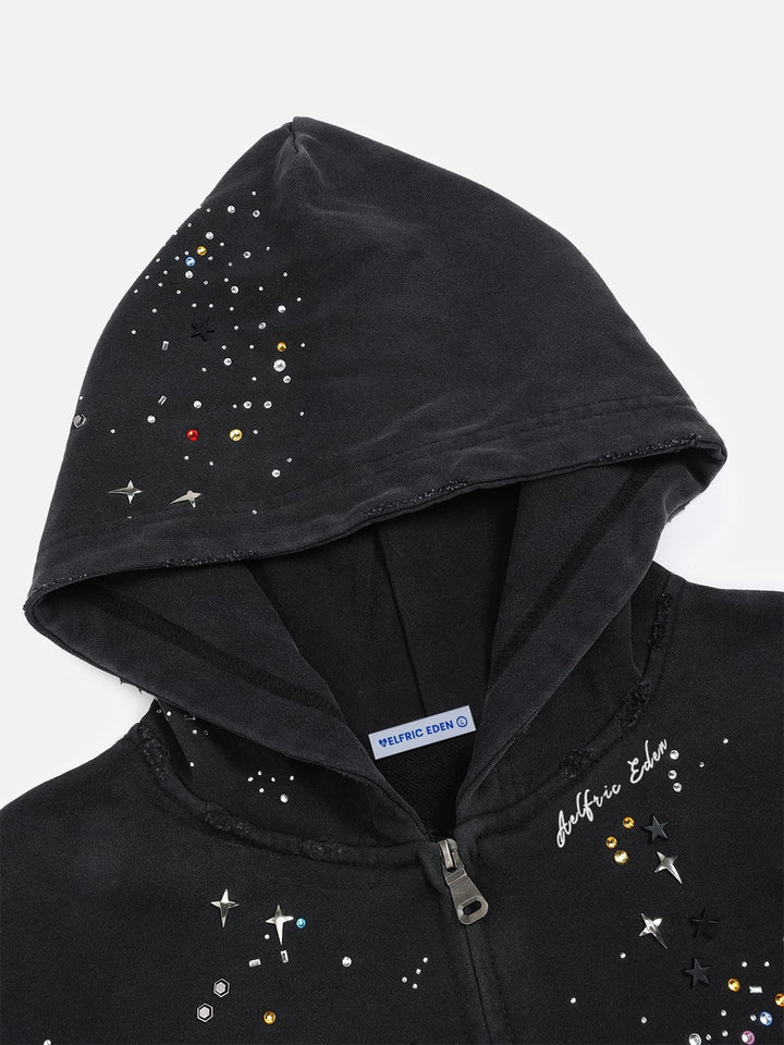 Unisex vintage-washed full-zip rhinestone hoodie