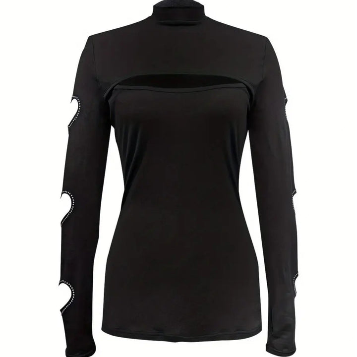 Rhinestone Heart Cutout Front Long Sleeve Bodycon Top