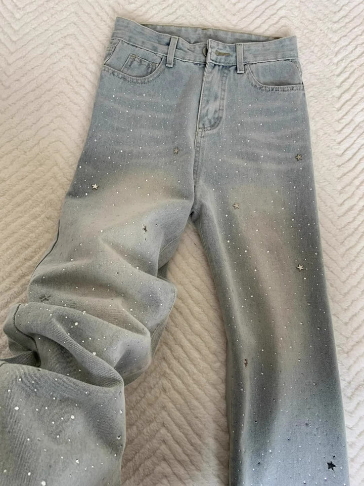 Women’s Vintage-Style Grey-Blue Rhinestone Jeans