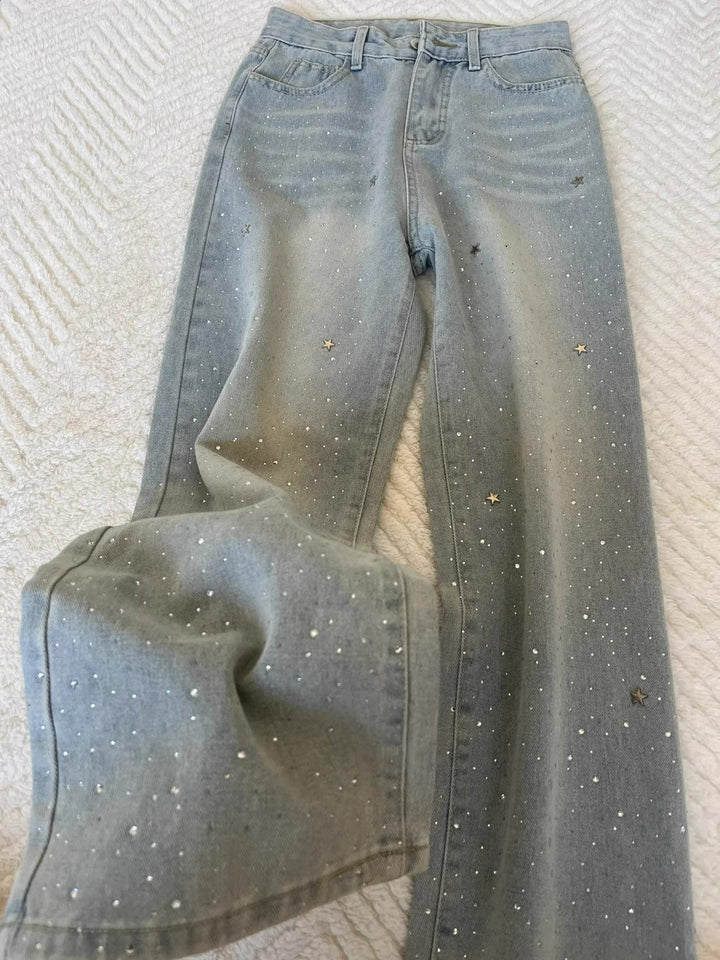 Women’s Vintage-Style Grey-Blue Rhinestone Jeans