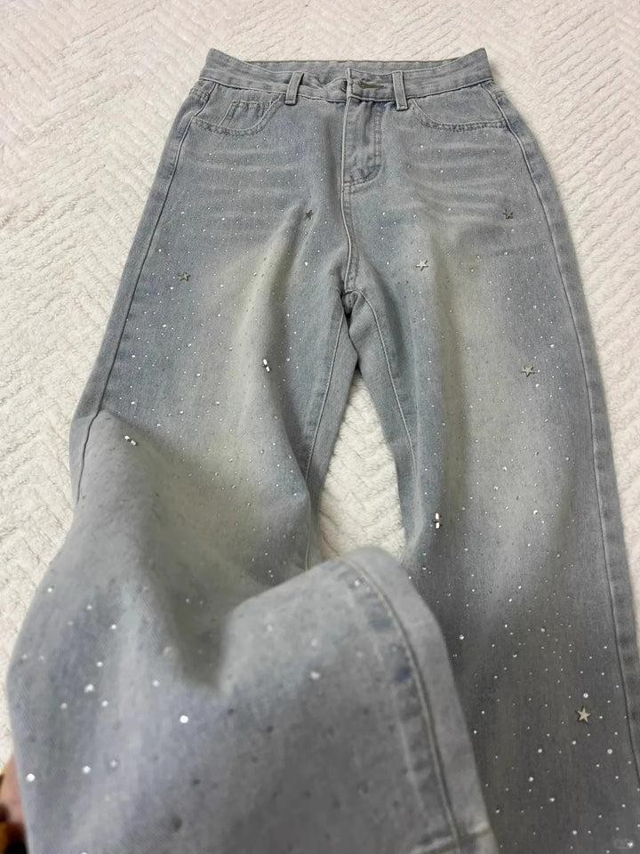 Women’s Vintage-Style Grey-Blue Rhinestone Jeans