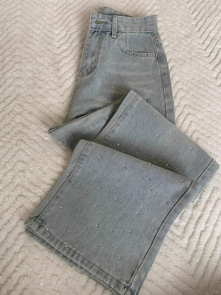 Women’s Vintage-Style Grey-Blue Rhinestone Jeans