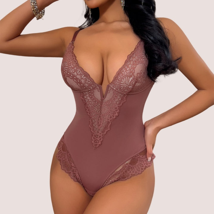 Deep V Lace Trim Bodysuit
