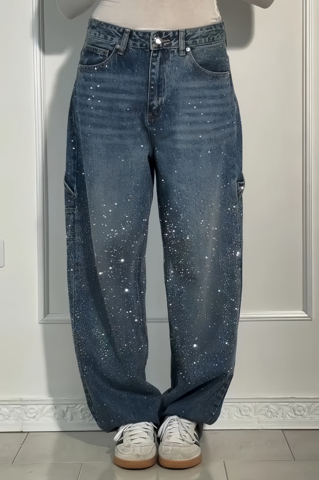 Rhinestone Embellished High-Waisted Wide-Leg Denim Jeans