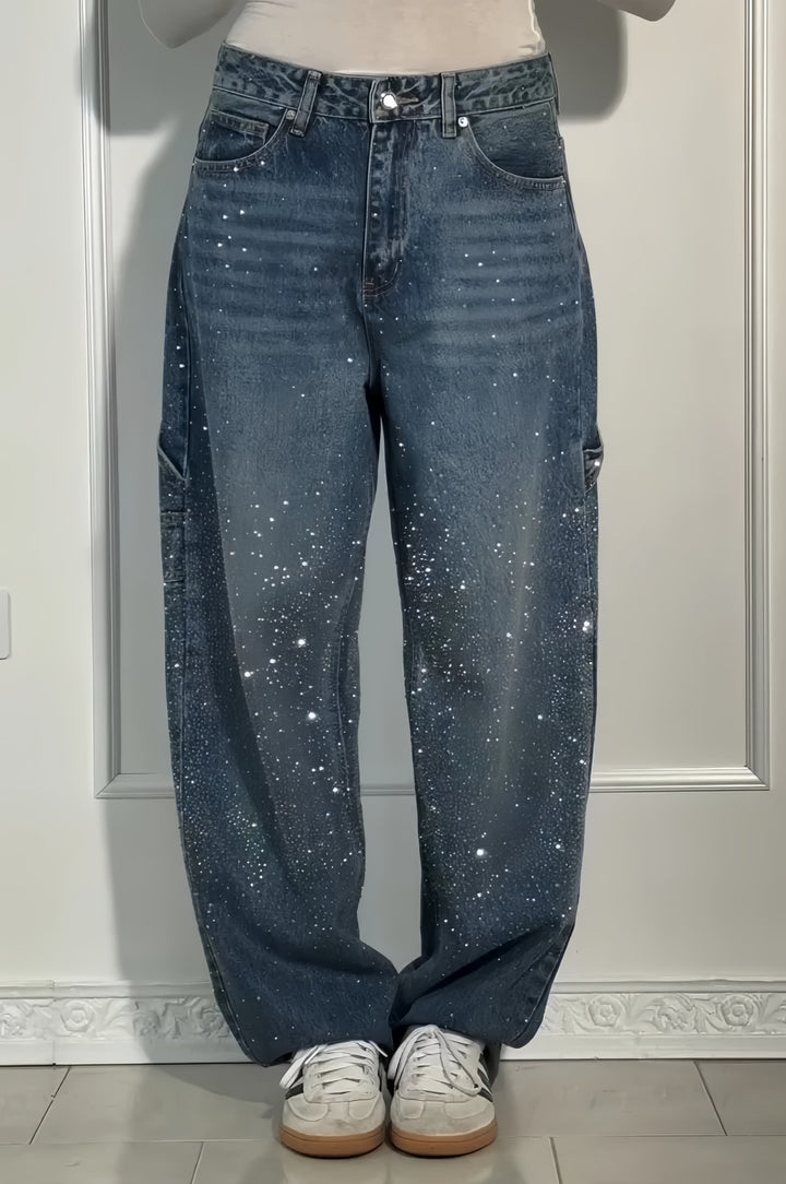 Rhinestone Embellished High-Waisted Wide-Leg Denim Jeans