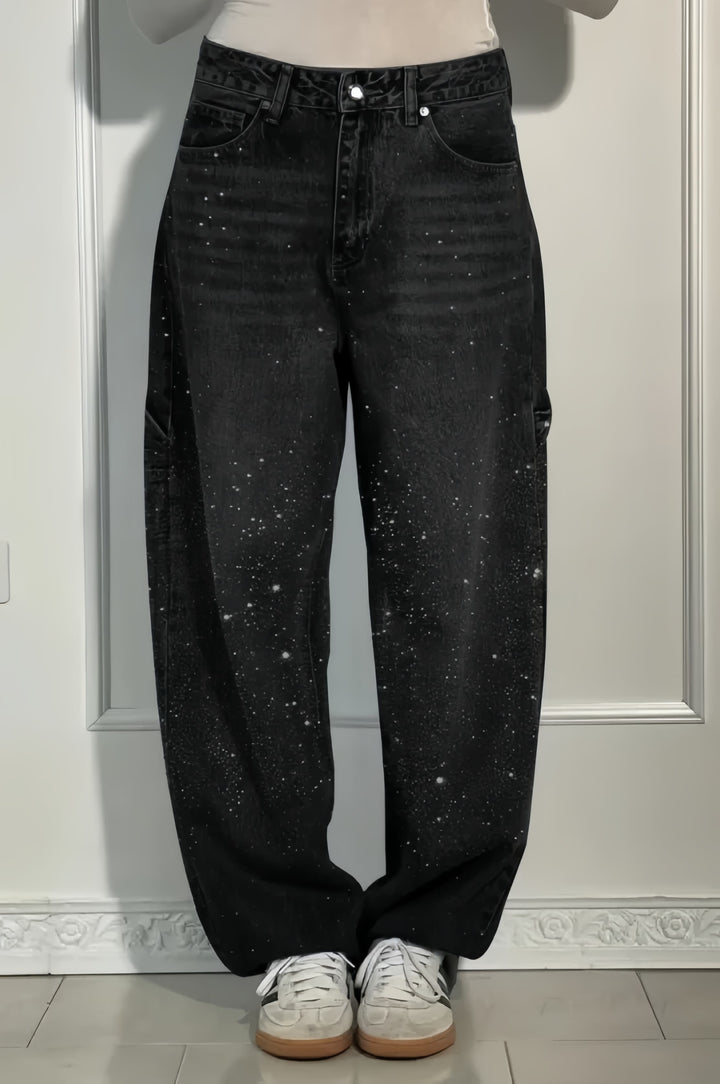 Rhinestone Embellished High-Waisted Wide-Leg Denim Jeans