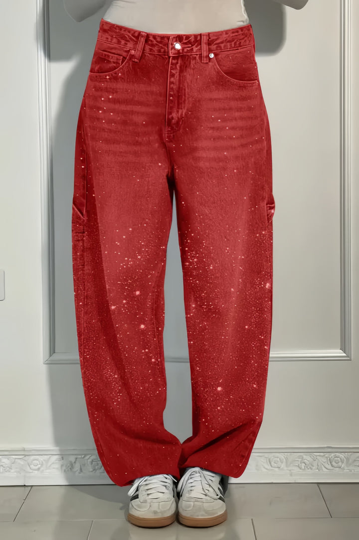 Rhinestone Embellished High-Waisted Wide-Leg Denim Jeans