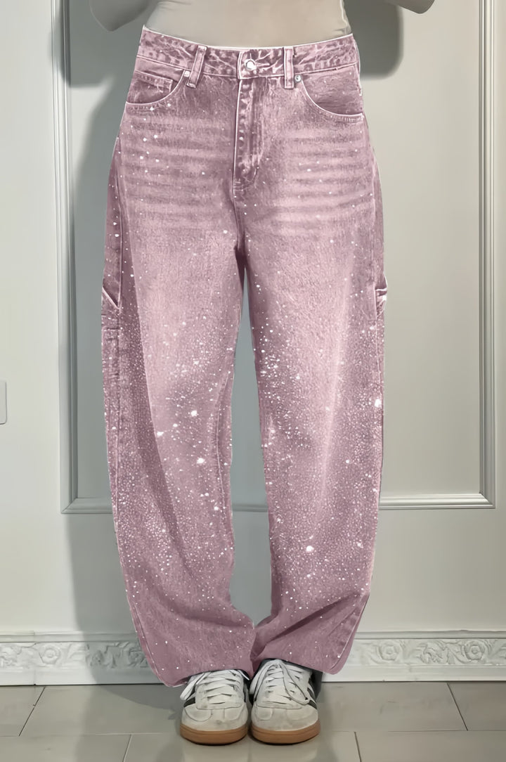 Rhinestone Embellished High-Waisted Wide-Leg Denim Jeans
