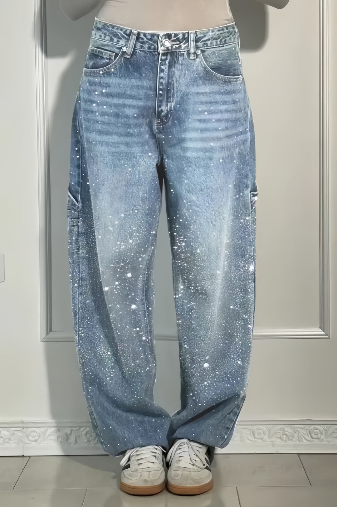 Rhinestone Embellished High-Waisted Wide-Leg Denim Jeans