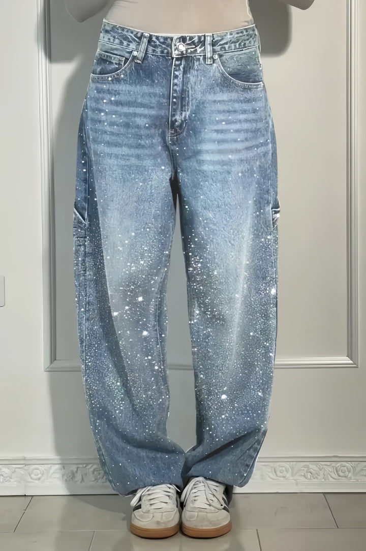 Rhinestone Embellished High-Waisted Wide-Leg Denim Jeans